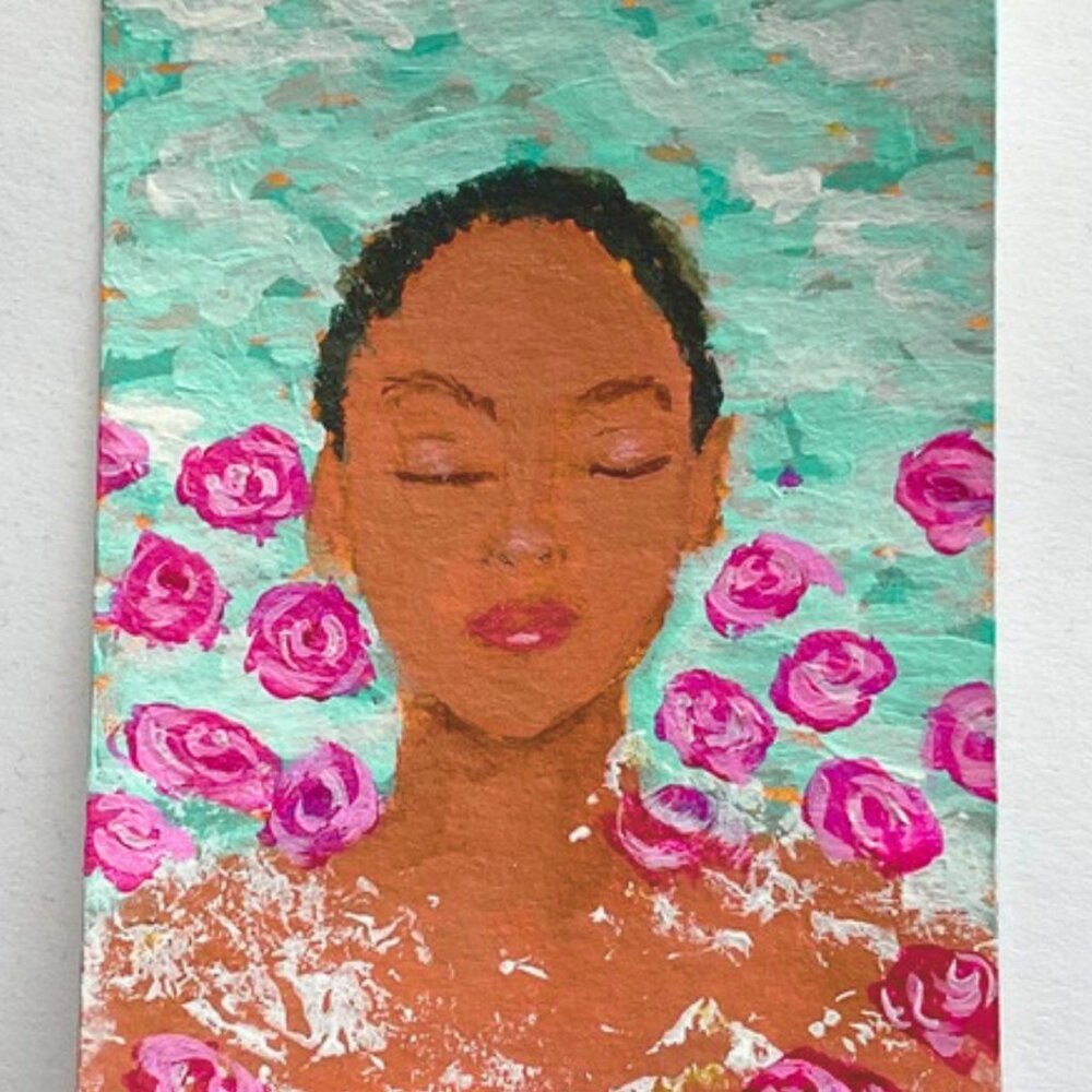 Ocean Dreams ACEO Original Art Card  Signed by Artis  Portrait with Pink Roses